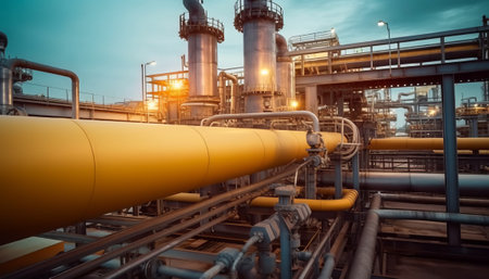 Industrial zone, Steel pipelines and equipment in blue toned tonesの素材