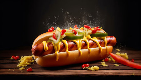 Hot dog with mustard and vegetables on wooden background. Selective focus.の素材