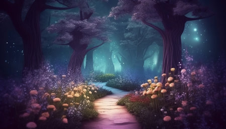 Mysterious dark forest with a path through the flowers. 3d renderingの素材