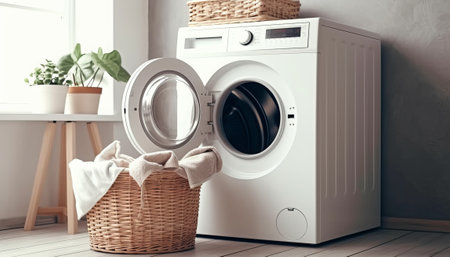 Washing machine and basket with clothes on wooden floor in laundry roomの素材