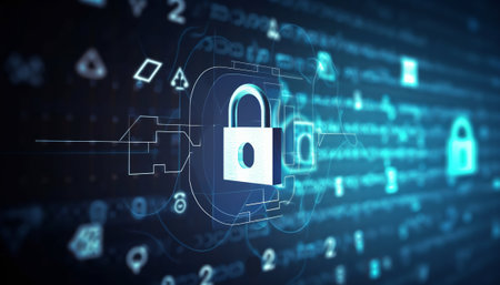 3d rendering of cyber security concept with binary code and padlockの素材