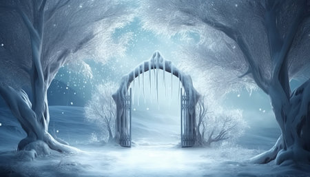 Fantasy winter landscape with frozen forest and gate. 3d renderingの素材
