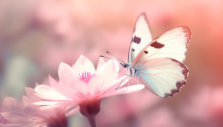 butterfly on pink flower with filter effect retro vintage style.の素材