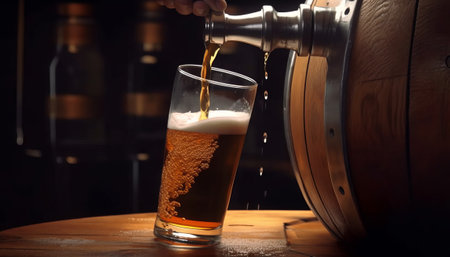 Beer pouring into a glass from a beer keg. Dark backgroundの素材