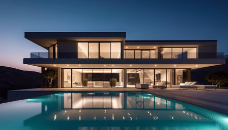 3d rendering of modern cozy house with pool and parking for sale or rent in luxurious style. Clear summer night with many stars on the sky.の素材