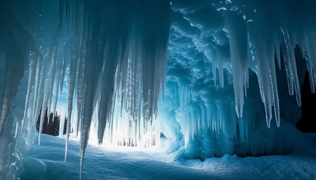 Beautiful icicles in a frozen cave. 3d rendering.の素材