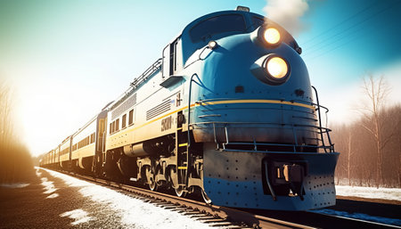 Blue locomotive on the railway in the winter forest. 3d renderingの素材