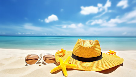 Hat, sunglasses and starfish on sandy beach. Summer vacation conceptの素材