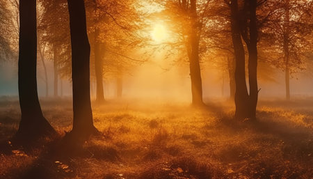 Foggy autumn forest. Sunrise in the foggy forest.の素材