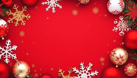 Christmas background with baubles and snowflakes on red backgroundの素材