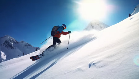 Snowboarder in the mountains. Extreme winter sport. Snowboardingの素材
