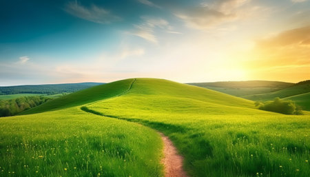 Sunset over green meadow. Beautiful summer landscape. Nature composition.の素材
