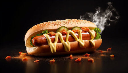 Hot dog with mustard and ketchup on a black background with smokeの素材