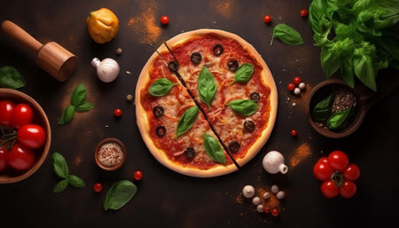 Top view of pizza with ingredients and spices on dark background, copy spaceの素材