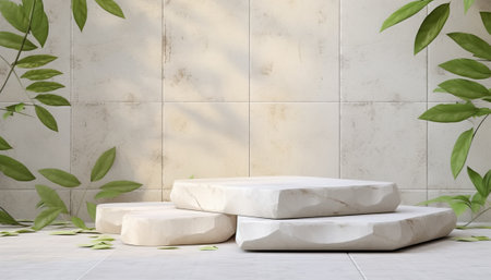 3d render white marble podium for product display with green plantle tile backgroundの素材