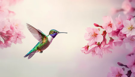 Hummingbird and cherry blossoms, spring season, nature backgroundの素材