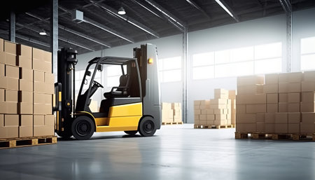 Forklift in warehouse with pallets. Logistics and transportation conceptの素材