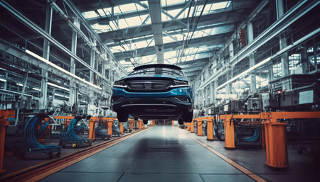 Car on the assembly line in a car factory. Electric car.の素材
