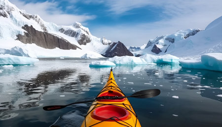 Kayak on the background of icebergs and mountains in Antarctica.の素材