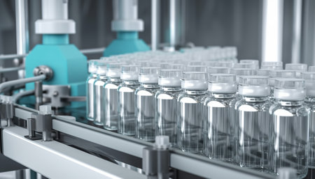 Bottling line of medicine in modern pharmaceutical factory. 3D renderingの素材