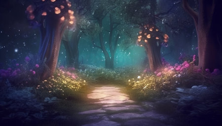 Mystical dark forest with glowing trees and pathway, 3D renderingの素材