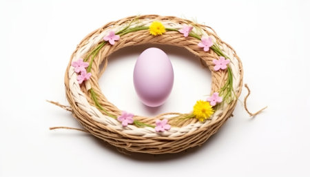 Easter egg in a wicker basket with flowers on a white backgroundの素材
