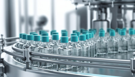 Bottling line of medicine in bottles. Pharmaceutical industry background. 3d illustrationの素材