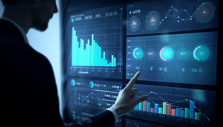 Close up of businesswoman working with virtual panel and graphs at backgroundの素材