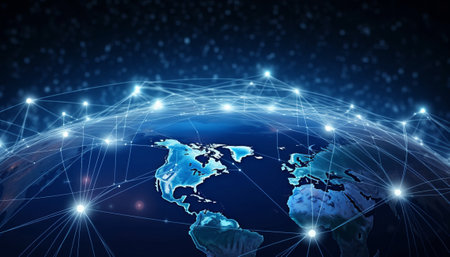 Global network connection over the world 3D rendering on dark blue backgroundの素材