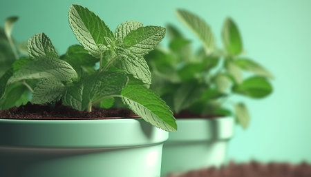 Mint plant in a pot on green background. 3d illustrationの素材