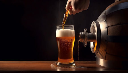 Pouring beer into a glass on a dark background with a barrelの素材