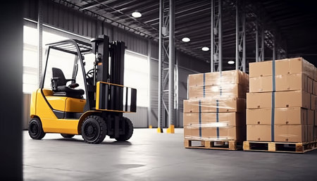 Forklift in warehouse. Logistics and transportation concept. 3d renderingの素材