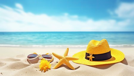 Hat, sunglasses and starfish on sandy beach with sea in backgroundの素材