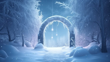 Winter scene with arch in the forest. 3d rendering, 3d illustration.の素材