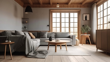 Interior of modern living room with grey sofa and coffee table 3D renderingの素材