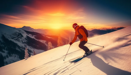Skier skiing downhill in the mountains at sunset. Sport and active life conceptの素材