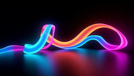 Neon abstract wave lines on black background. 3d render illustrationの素材