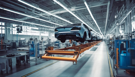 Automotive assembly line. Car on conveyor belt in car factoryの素材