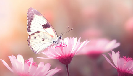 Butterfly on pink flower with soft pastel color tone.の素材