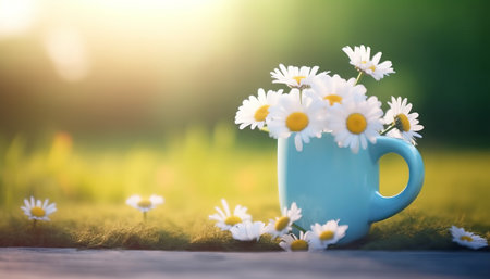 Cup of chamomile flowers on a green grass backgroundの素材