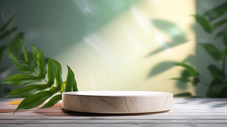 Wooden podium with green leaves on wooden table. 3d renderingの素材