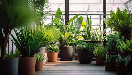 Group of different potted house plants on wooden terrace in greenhouseの素材