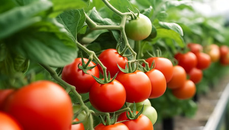 Ripe tomatoes on a branch in a greenhouse. Selective focus.の素材