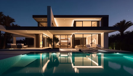 3d rendering of modern cozy house with pool and parking for sale or rent in luxurious style and beautiful landscaping on background. Clear summer night with many stars on the sky.の素材