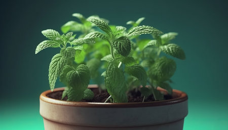Peppermint plant in a pot on a dark green background.の素材