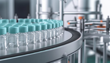 3D rendering of a conveyor belt with bottles of vaccine in itの素材