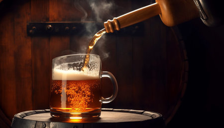 Beer pouring into a glass with a wooden barrel on the background.の素材