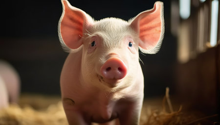 Portrait of a cute pig on a farm. Farm animals.の素材