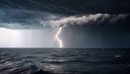 Thunderstorm over the sea. 3d rendering, 3d illustration.の素材