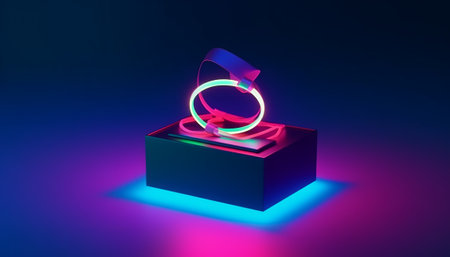 Neon ring in a box on a dark background. 3d renderingの素材